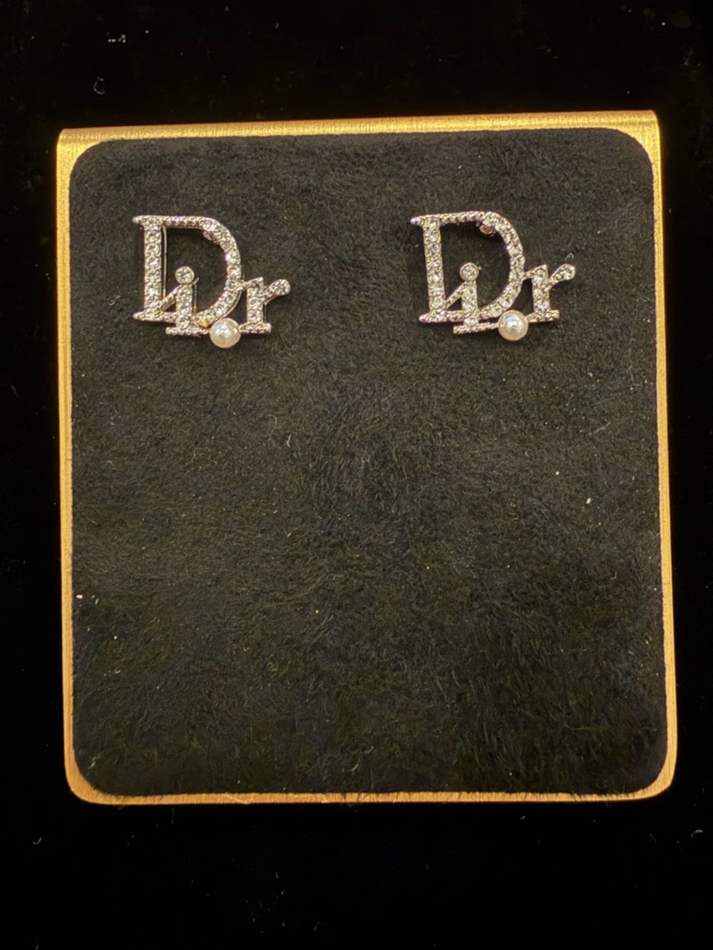 Silver Tone “CD” Logo Stud Earrings Pearl Rhinestone